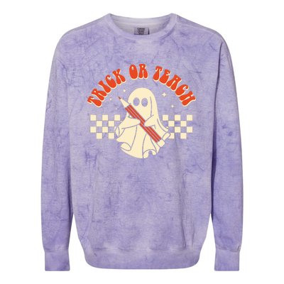 Groovy Halloween Trick Or Teach Retro Floral Ghost Teacher Colorblast Crewneck Sweatshirt