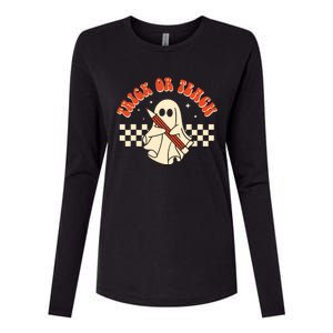 Groovy Halloween Trick Or Teach Retro Floral Ghost Teacher Womens Cotton Relaxed Long Sleeve T-Shirt