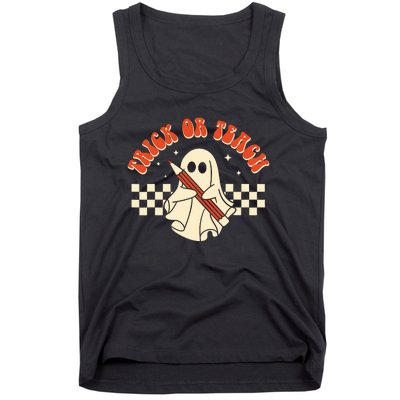 Groovy Halloween Trick Or Teach Retro Floral Ghost Teacher Tank Top