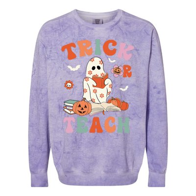 Groovy Halloween Trick Or Teach Retro Floral Ghost Teacher Colorblast Crewneck Sweatshirt