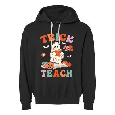 Groovy Halloween Trick Or Teach Retro Floral Ghost Teacher Garment-Dyed Fleece Hoodie