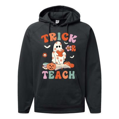 Groovy Halloween Trick Or Teach Retro Floral Ghost Teacher Performance Fleece Hoodie