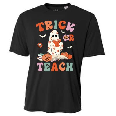 Groovy Halloween Trick Or Teach Retro Floral Ghost Teacher Cooling Performance Crew T-Shirt