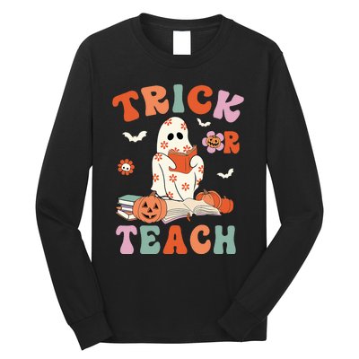 Groovy Halloween Trick Or Teach Retro Floral Ghost Teacher Long Sleeve Shirt