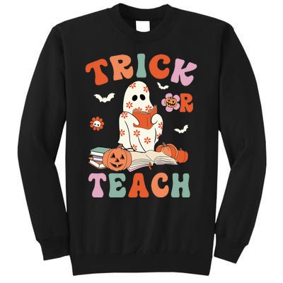 Groovy Halloween Trick Or Teach Retro Floral Ghost Teacher Sweatshirt