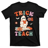 Groovy Halloween Trick Or Teach Retro Floral Ghost Teacher T-Shirt