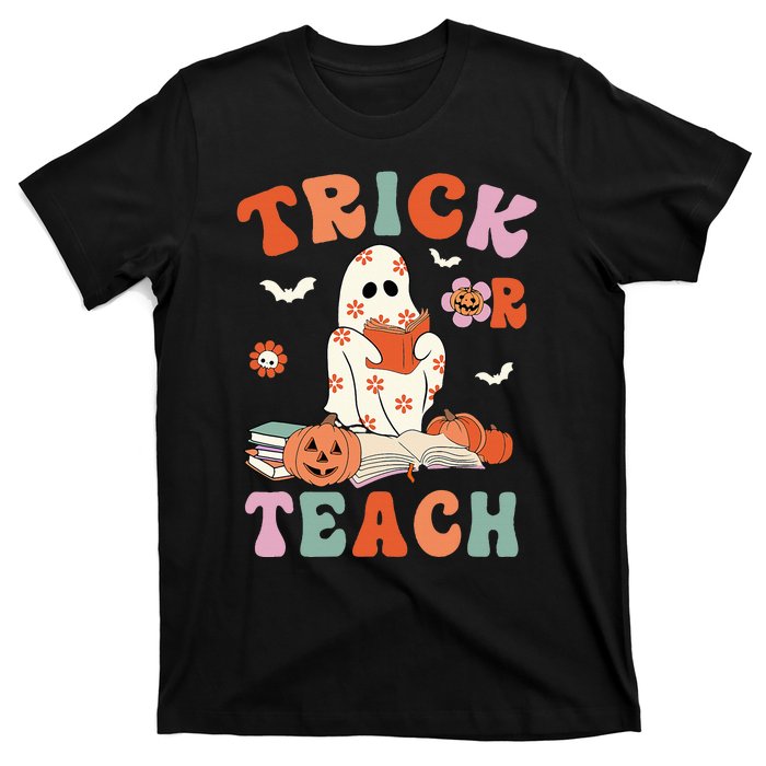 Groovy Halloween Trick Or Teach Retro Floral Ghost Teacher T-Shirt