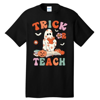 Groovy Halloween Trick Or Teach Retro Floral Ghost Teacher Tall T-Shirt