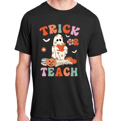 Groovy Halloween Trick Or Teach Retro Floral Ghost Teacher Adult ChromaSoft Performance T-Shirt