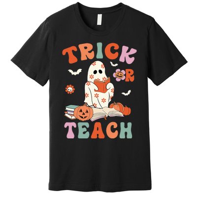 Groovy Halloween Trick Or Teach Retro Floral Ghost Teacher Premium T-Shirt