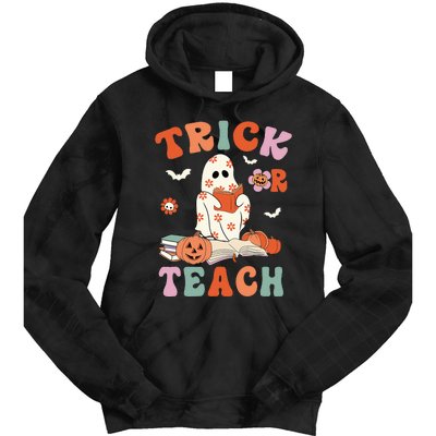 Groovy Halloween Trick Or Teach Retro Floral Ghost Teacher Tie Dye Hoodie