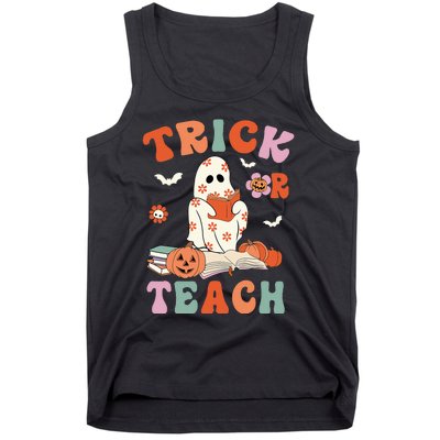 Groovy Halloween Trick Or Teach Retro Floral Ghost Teacher Tank Top