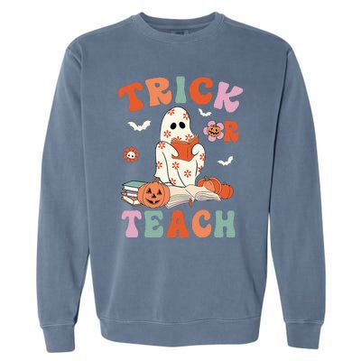 Groovy Halloween Trick Or Teach Retro Floral Ghost Teacher Garment-Dyed Sweatshirt