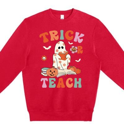 Groovy Halloween Trick Or Teach Retro Floral Ghost Teacher Premium Crewneck Sweatshirt