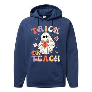 Groovy Halloween Trick Or Teach Retro Floral Ghost Teacher Performance Fleece Hoodie