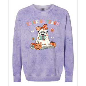 Groovy Halloween Trick Or Teach Retro Floral Ghost Teacher Colorblast Crewneck Sweatshirt