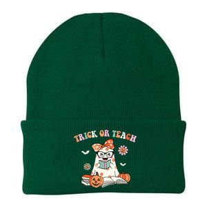 Groovy Halloween Trick Or Teach Retro Floral Ghost Teacher Knit Cap Winter Beanie