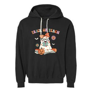 Groovy Halloween Trick Or Teach Retro Floral Ghost Teacher Garment-Dyed Fleece Hoodie