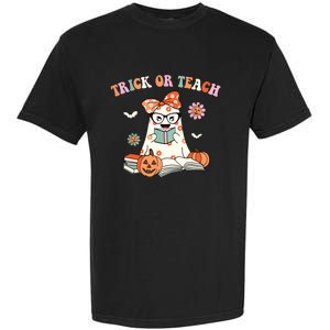 Groovy Halloween Trick Or Teach Retro Floral Ghost Teacher Garment-Dyed Heavyweight T-Shirt