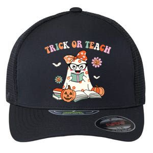 Groovy Halloween Trick Or Teach Retro Floral Ghost Teacher Flexfit Unipanel Trucker Cap