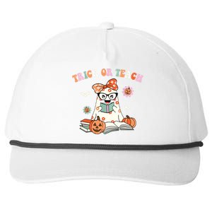 Groovy Halloween Trick Or Teach Retro Floral Ghost Teacher Snapback Five-Panel Rope Hat