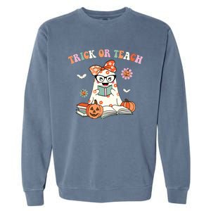 Groovy Halloween Trick Or Teach Retro Floral Ghost Teacher Garment-Dyed Sweatshirt