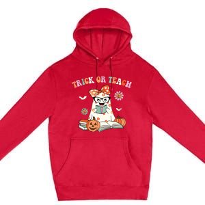 Groovy Halloween Trick Or Teach Retro Floral Ghost Teacher Premium Pullover Hoodie