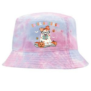 Groovy Halloween Trick Or Teach Retro Floral Ghost Teacher Tie-Dyed Bucket Hat