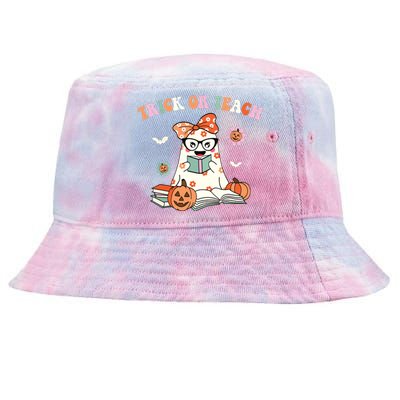 Groovy Halloween Trick Or Teach Retro Floral Ghost Teacher Tie-Dyed Bucket Hat