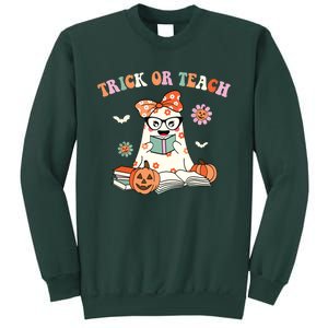 Groovy Halloween Trick Or Teach Retro Floral Ghost Teacher Sweatshirt