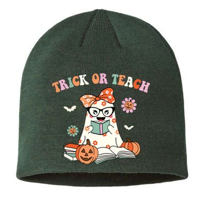 Groovy Halloween Trick Or Teach Retro Floral Ghost Teacher Sustainable Beanie