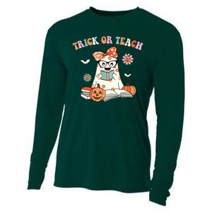 Groovy Halloween Trick Or Teach Retro Floral Ghost Teacher Cooling Performance Long Sleeve Crew