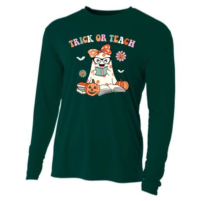 Groovy Halloween Trick Or Teach Retro Floral Ghost Teacher Cooling Performance Long Sleeve Crew