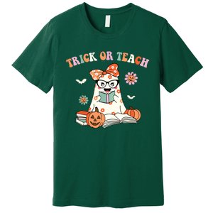 Groovy Halloween Trick Or Teach Retro Floral Ghost Teacher Premium T-Shirt