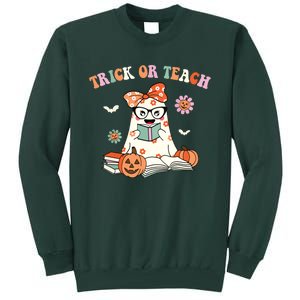 Groovy Halloween Trick Or Teach Retro Floral Ghost Teacher Tall Sweatshirt