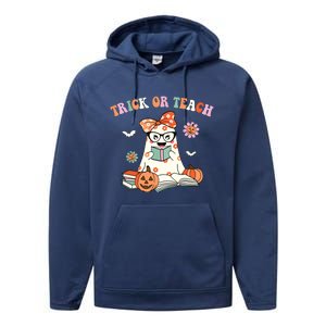 Groovy Halloween Trick Or Teach Retro Floral Ghost Teacher Performance Fleece Hoodie