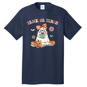 Groovy Halloween Trick Or Teach Retro Floral Ghost Teacher Tall T-Shirt