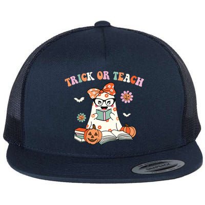 Groovy Halloween Trick Or Teach Retro Floral Ghost Teacher Flat Bill Trucker Hat