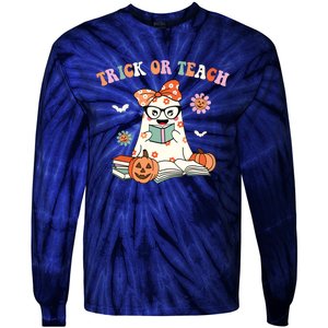 Groovy Halloween Trick Or Teach Retro Floral Ghost Teacher Tie-Dye Long Sleeve Shirt