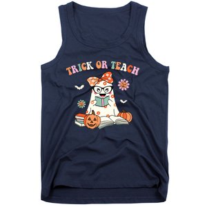 Groovy Halloween Trick Or Teach Retro Floral Ghost Teacher Tank Top