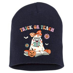 Groovy Halloween Trick Or Teach Retro Floral Ghost Teacher Short Acrylic Beanie