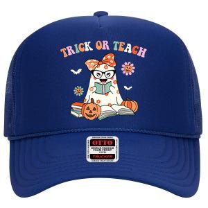 Groovy Halloween Trick Or Teach Retro Floral Ghost Teacher High Crown Mesh Back Trucker Hat