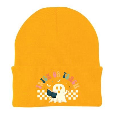 Groovy Halloween Trick Or Teach Retro Floral Ghost Teacher Knit Cap Winter Beanie