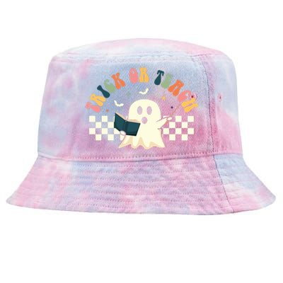 Groovy Halloween Trick Or Teach Retro Floral Ghost Teacher Tie-Dyed Bucket Hat