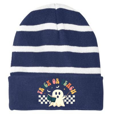 Groovy Halloween Trick Or Teach Retro Floral Ghost Teacher Striped Beanie with Solid Band