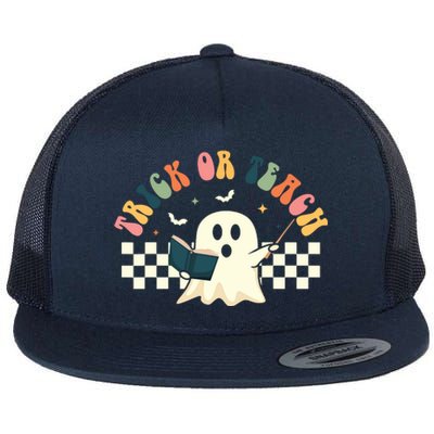 Groovy Halloween Trick Or Teach Retro Floral Ghost Teacher Flat Bill Trucker Hat