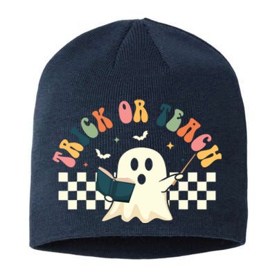 Groovy Halloween Trick Or Teach Retro Floral Ghost Teacher Sustainable Beanie