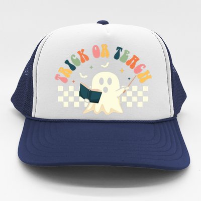 Groovy Halloween Trick Or Teach Retro Floral Ghost Teacher Trucker Hat