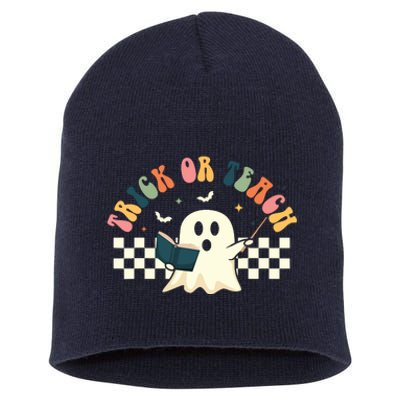 Groovy Halloween Trick Or Teach Retro Floral Ghost Teacher Short Acrylic Beanie