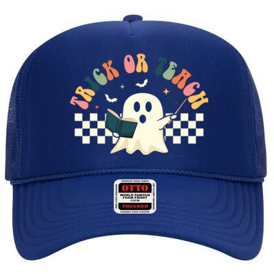 Groovy Halloween Trick Or Teach Retro Floral Ghost Teacher High Crown Mesh Back Trucker Hat